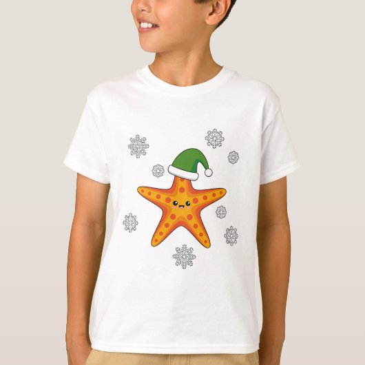 Kawaii Xmas Zeester op Blauw Buffel Patroon T-shirt (Voorkant)