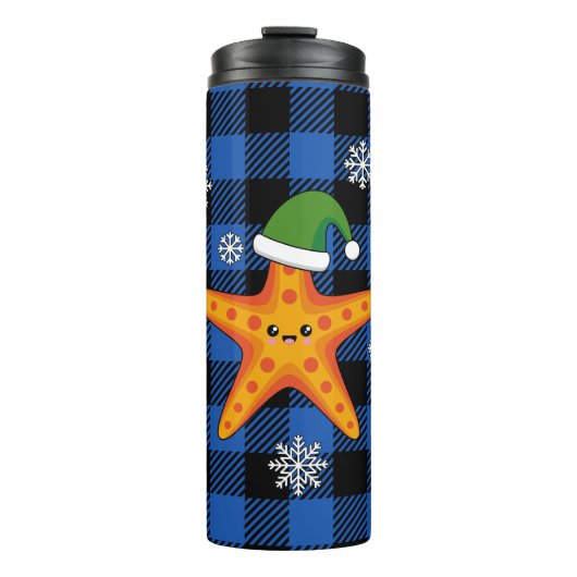 Kawaii Xmas Zeester op Blauw Buffel Patroon Thermosbeker (Voorkant)