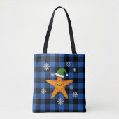 Kawaii Xmas Zeester op Blauw Buffel Patroon Tote Bag (Voorkant)