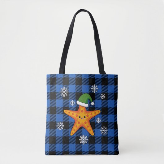 Kawaii Xmas Zeester op Blauw Buffel Patroon Tote Bag (Voorkant)