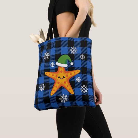 Kawaii Xmas Zeester op Blauw Buffel Patroon Tote Bag (Dichtbij)