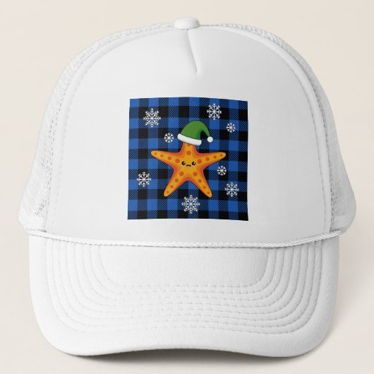 Kawaii Xmas Zeester op Blauw Buffel Patroon Trucker Pet (Voorkant)