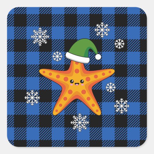 Kawaii Xmas Zeester op Blauw Buffel Patroon Vierkante Sticker (Voorkant)