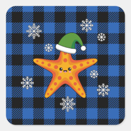 Kawaii Xmas Zeester op Blauw Buffel Patroon Vierkante Sticker