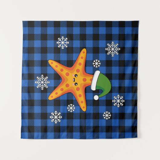 Kawaii Xmas Zeester op Blauw Buffel Patroon Wandkleed (Voorkant (horizontaal))