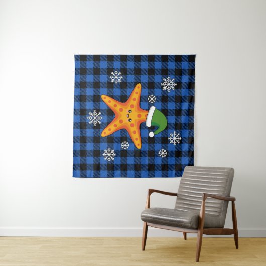 Kawaii Xmas Zeester op Blauw Buffel Patroon Wandkleed (In Situ (horizontaal))