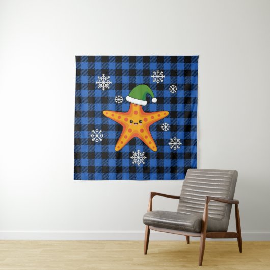 Kawaii Xmas Zeester op Blauw Buffel Patroon Wandkleed (In situ)