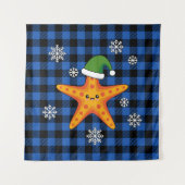 Kawaii Xmas Zeester op Blauw Buffel Patroon Wandkleed (Voorkant)