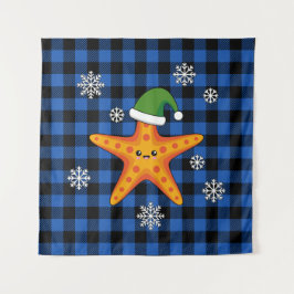 Kawaii Xmas Zeester op Blauw Buffel Patroon Wandkleed