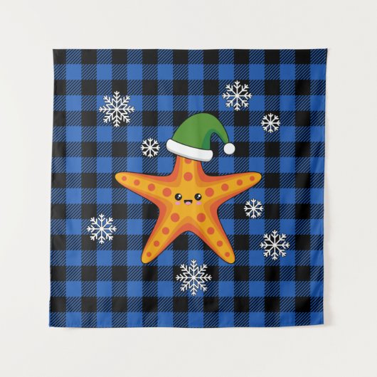 Kawaii Xmas Zeester op Blauw Buffel Patroon Wandkleed (Voorkant)