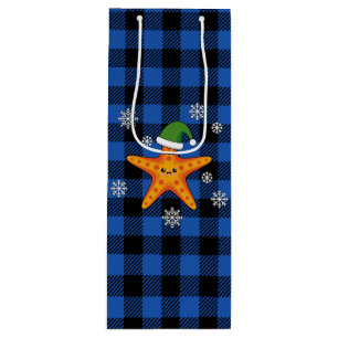 Kawaii Xmas Zeester op Blauw Buffel Patroon Wijn Cadeautas