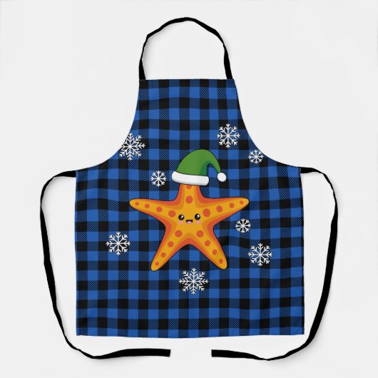 Kawaii Xmas Zeester op Blauwe Buffalo Patroon Schort (Voorkant)