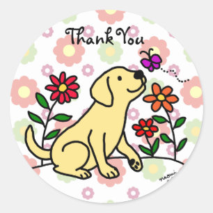 Kawaii Yellow Labrador Cartoon Floral Ronde Sticker