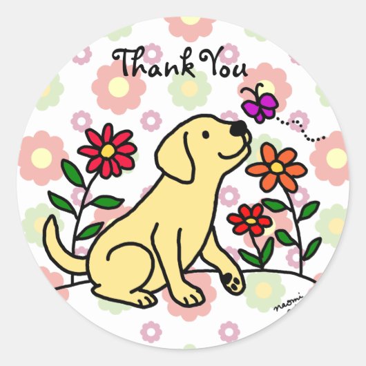 Kawaii Yellow Labrador Cartoon Floral Ronde Sticker (Voorkant)