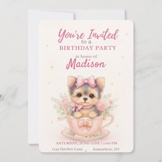 Kawaii Yorkie Teacup Girl’s Birthday Invitation (Voorkant)