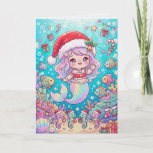 Kawaii Zeemeermin Kerstmis Schattige Cartoon Kaart
