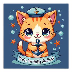 Kawaii Zeevaart Kat Zeilanker Woordspeling Foto Afdruk
