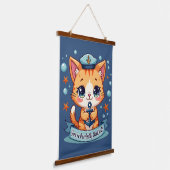 Kawaii Zeevaart Kat Zeilanker Woordspeling Hangend Wandkleed (Gebogen)