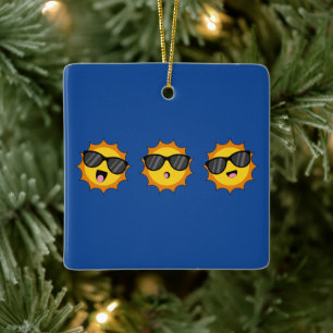 Kawaii Zon met Zonnebril Happy Emoji Faces Keramisch Ornament