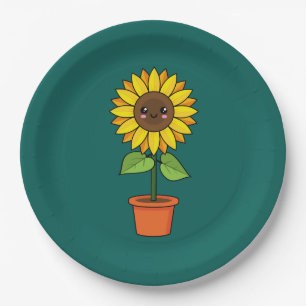 Kawaii Zonnebloem Plant in een pot Papieren Bordje