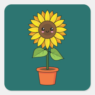 Kawaii Zonnebloem Plant in een pot Vierkante Sticker