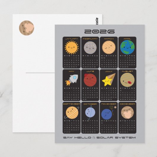 Kawaii zonnestelsel 2026 kalender briefkaart (Voorkant / Achterkant)