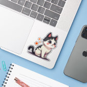 Kawaii Zwart & Wit Kitten – Halloween Chibi Sticker (Laptop met iPhone)