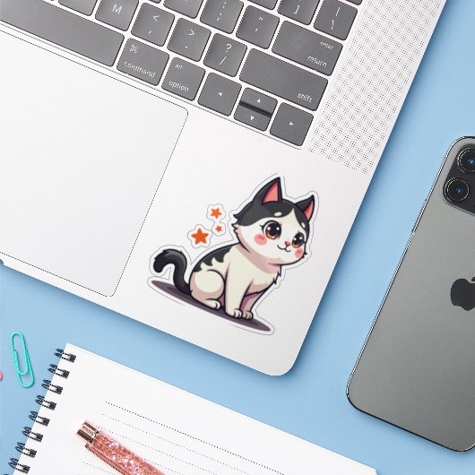 Kawaii Zwart & Wit Kitten – Halloween Chibi Sticker (Laptop met iPhone)