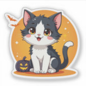 Kawaii Zwart & Wit Kitten – Halloween Chibi Sticker (Voorkant)