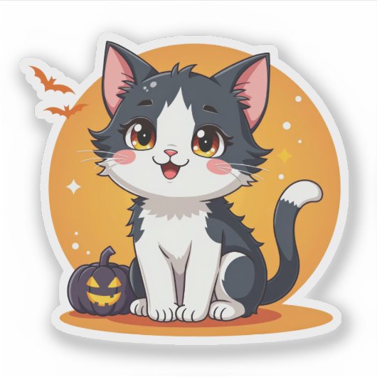 Kawaii Zwart & Wit Kitten – Halloween Chibi Sticker (Voorkant)