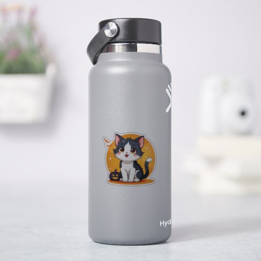 Kawaii Zwart & Witte Kitten – Halloween Chibi Sticker (HydroFlask)