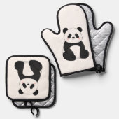 Kawaii Zwart & Witte Panda Ovenwant & Pannenlap Set (Voorkant / Achterkant)