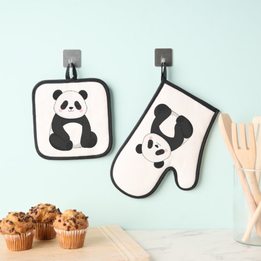 Kawaii Zwart & Witte Panda Ovenwant & Pannenlap Set (Insitu(Ophanging))