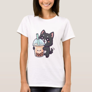 Kawaii Zwarte Kat Drinkt Boba Thee - Schattige Ani T-shirt