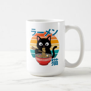 Kawaii Zwarte Kat Eet Ramen Noedels Retro Zonsonde Koffiemok