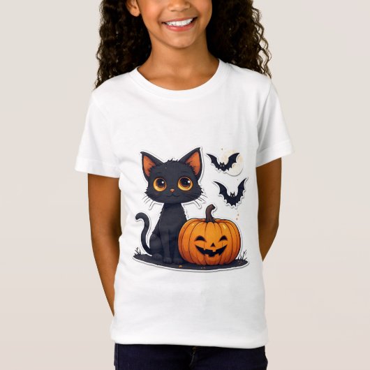 Kawaii Zwarte Kat En Pompoen Stack Halloween 🎃 T-shirt (Voorkant)