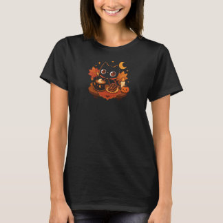 Kawaii Zwarte Kat Halloween Koffie – Gezellige Gri T-shirt
