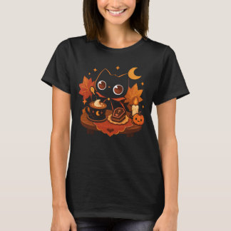 Kawaii Zwarte Kat Halloween Koffie – Gezellige Gri T-shirt