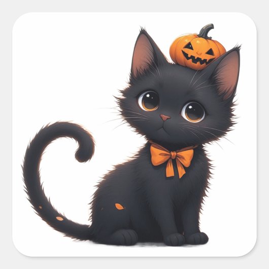 Kawaii Zwarte Kat Halloween 🎃 Vierkante Sticker (Voorkant)