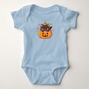 Kawaii Zwarte Kat in Pastelkleurige Pompoen Romper