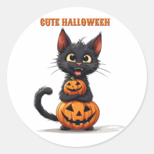 Kawaii Zwarte Kat Knuffelt Pompoen Halloween 🎃 Ronde Sticker