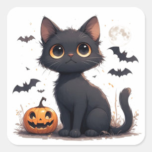 Kawaii Zwarte Kat met pompoen Halloween 🎃 Vierkante Sticker