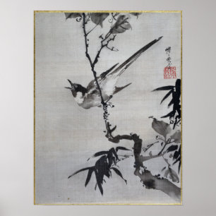 Kawanabe Kyōsai Zingende vogel op een filiaal Poster