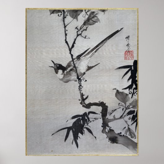 Kawanabe Kyōsai Zingende vogel op een filiaal Poster (Voorkant)
