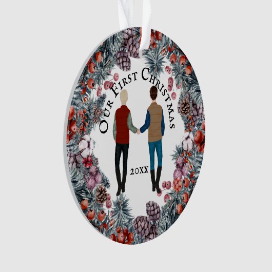 Kay-paar kaukasiaanse mannen met kerstmis ornament (voorkant)