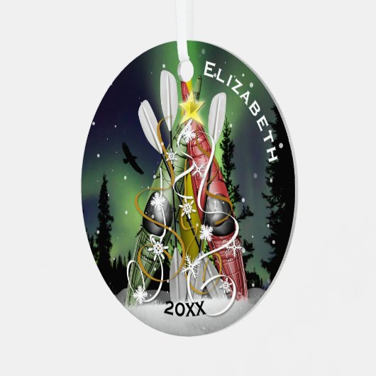 Kayak kerstboom Aurora Borealis Metalen Ornament (Voorkant links)