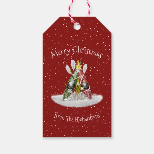 Kayak-kerstboom kayaks paddles gepersonaliseerd cadeaulabel (Voorkant)