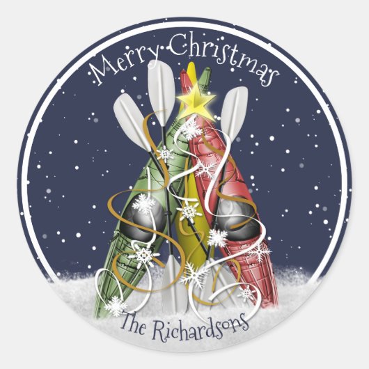 Kayak kerstboom wintertijd kayakpaddling ronde sticker (Voorkant)