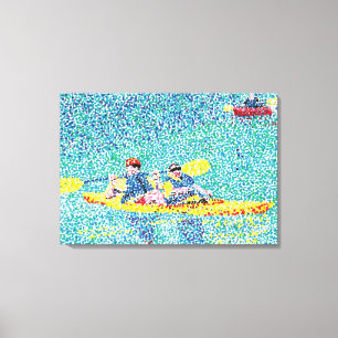 Kayak River Scene in Pointillism, gewatteerd Canva Canvas Afdruk