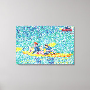 Kayak Rivier Scene in Pointillisme, Wrapped Canvas Afdruk